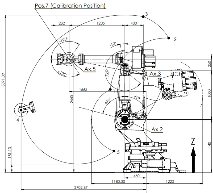 Plan de l'enveloppe et cinématique de travail du modèle NJ650_2_7